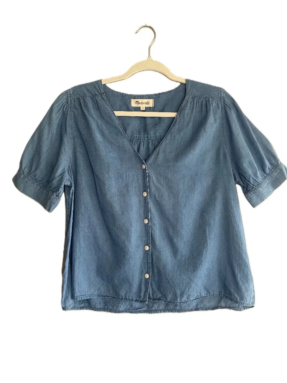 Madewell Chambray V-neck Button-down Short Sleeve Blouse Size  M